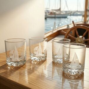 Canada II 1987 America's Cup Etched Glass Whiskey Tumbler Set 4pc Lowball 8oz